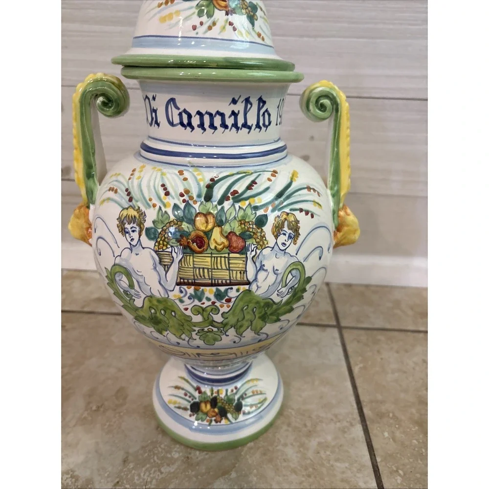 Vintage Di Camillo Biscotti 1920 Italy Hand Painted Majolica Ceramic Lidded Urn
